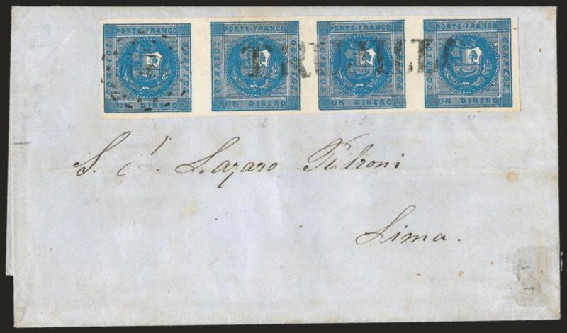 1858, 1d Deep Blue (3).> Horizontal strip of four, Types 1-4, beautiful deep shade, large margins, cancelled by ^TRUJ^ dotted oval and ^TRUJILLO^ straightline on greenish folded covers to Lima, docketed with
Sep. 1, 1860 origin date, minor wear a