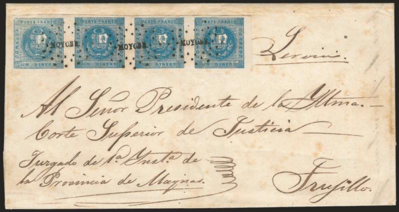 1858, 1d Blue (3).> Horizontal strip of four, Types 1-4, cancelled by three strikes of ^MOYOBE^ dotted oval on folded cover to President of the Supreme Court in Trujillo, neatly docketed with Feb. 28, 1860 date,
end stamp at right slightly creased,