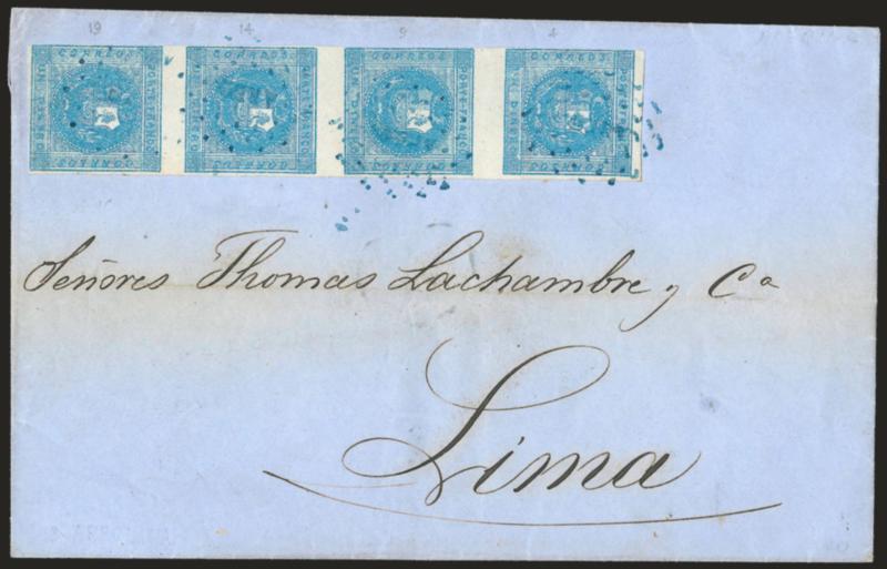 1858, 1d Blue (3).> Vertical strip of four, Types 491419, tied by blue ^AREQ^ Arequipa dotted oval on blue folded cover to Lima, docketed with Oct. 11, 1858 origin date, lightly age toned, Very Fine, covers
franked with strips of four or larger