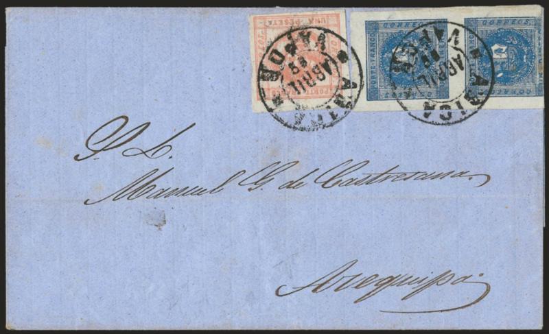 1858, 1d Deep Blue (3).> Vertical pair, Types 1217, huge margins to slightly in at bottom (small faults at bottom), used with <1858 1p Red (8),> full to large margins, tied by Arica Vapor Abril 59 double-circle
datestamp on blue folded cover to Ar