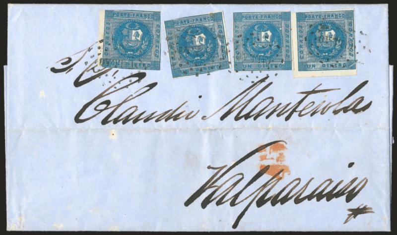 1858, 1d Deep Blue (3).> Four singles, large margins to slightly in, deep shade, tied by ^CALLAO^ dotted oval on blue cover <to Valparaiso, Chile,> red 45 due handstamp for Chilean postage, docketed with Apr.
12, 1858 origin date, file fold, Very