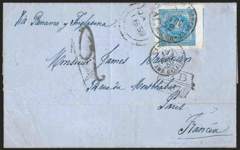 1858, 1d Blue (3).> Huge margins all around, tied by Admon. Pral de Correos de Tacna 06 Enero 59 circular datestamp on blue folded letter <to Paris, France,> Arica JA 6 1858 British P.O. datestamp also ties
stamp, scarce GB2F87-510C accountan