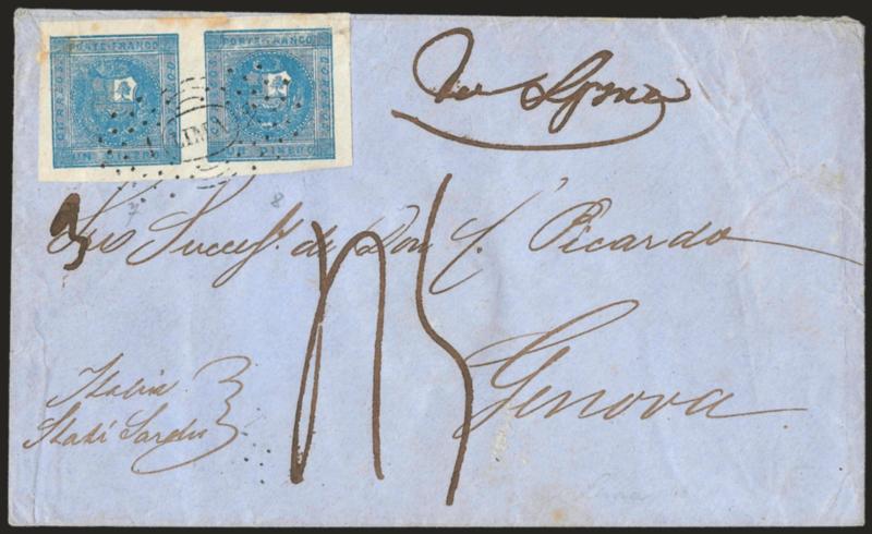 1858, 1d Deep Blue (3).> Horizontal pair, Types 7-8, large margins all around, tied by ^1LIMA2^ dotted oval on blue cover <to Genoa, Italy,> receiving backstamp (Nov. 23, 1858), manuscript due rates, pair has
slight crease and toned spots, otherw