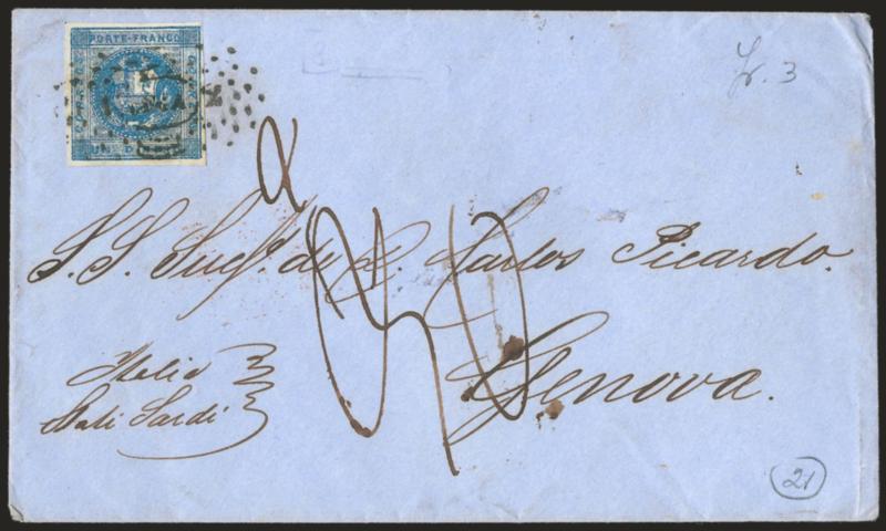 1858, 1d Deep Blue (3).> Full margins all around, tied by ^1LIMA2^ dotted oval on blue cover <to Genoa, Italy,> Torino transit and Genoa receiving datestamp on back (Feb. 4, 1860), manuscript due rates, Very
Fine, scarce use of Peru 1858 Issue to