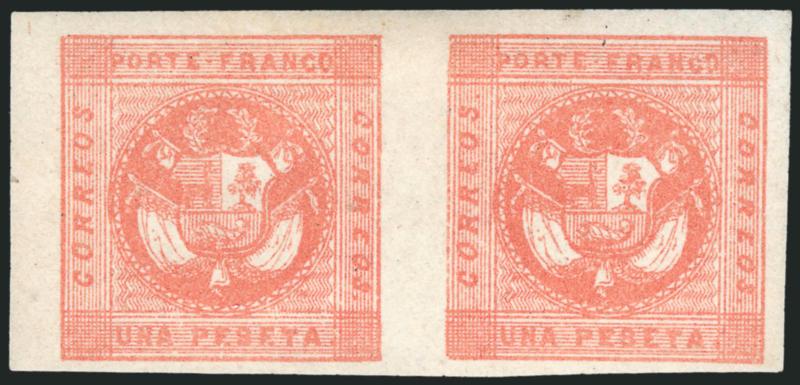 1858, 1p Rose Red (4).> Horizontal pair, Types 2-8, <original gum,> large margins, beautiful rich color and fine impression, bright fresh paper<><>^EXTREMELY FINE. THIS SUPERB PAIR IS ONE OF TWO RECORDED UNUSED
MULTIPLES OF THE ONE-PESETA 1858 ISSU