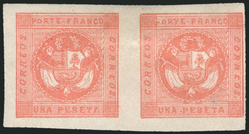 1858, 1p Rose Red (4).> Horizontal pair, Types 6-9, <original gum,> large margins to ample at right, beautiful rich color and fine impression, bright fresh paper<><>^VERY FINE TO EXTREMELY FINE. THIS PAIR IS ONE
OF TWO RECORDED UNUSED MULTIPLES OF