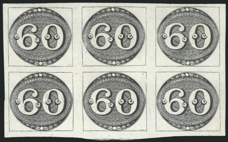1843, 60r Black, Intermediate Impression (2).> 1st Large Plate, State B, Positions 44-4650-52, Position 50 <major re-entry in numerals,> block of six, unused (no gum), large margins all around, sharp impression
showing nearly all lines of lathework,