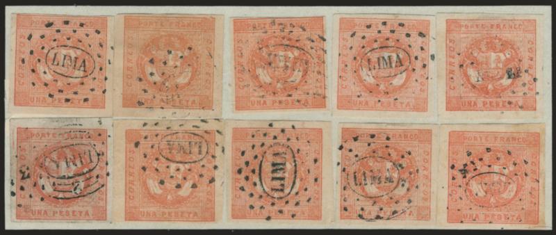 1858, 1p Rose Red, Reconstruction of the Bloc Report (4).> Ten used singles hinged to part of exhibit page from the Bustamante collection, arranged and identified by <<bloc report>> type, few minor flaws, still
Very Fine, a scarce group which would b
