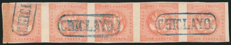 1858, 1p Rose Red (4).> Four used strips, including vertical strip of five cancelled by red dotted oval, horizontal strips of three, four and five, each cancelled by blue ^CHICLAYO^ framed straightline, large
margins to clear or touching, minor fau