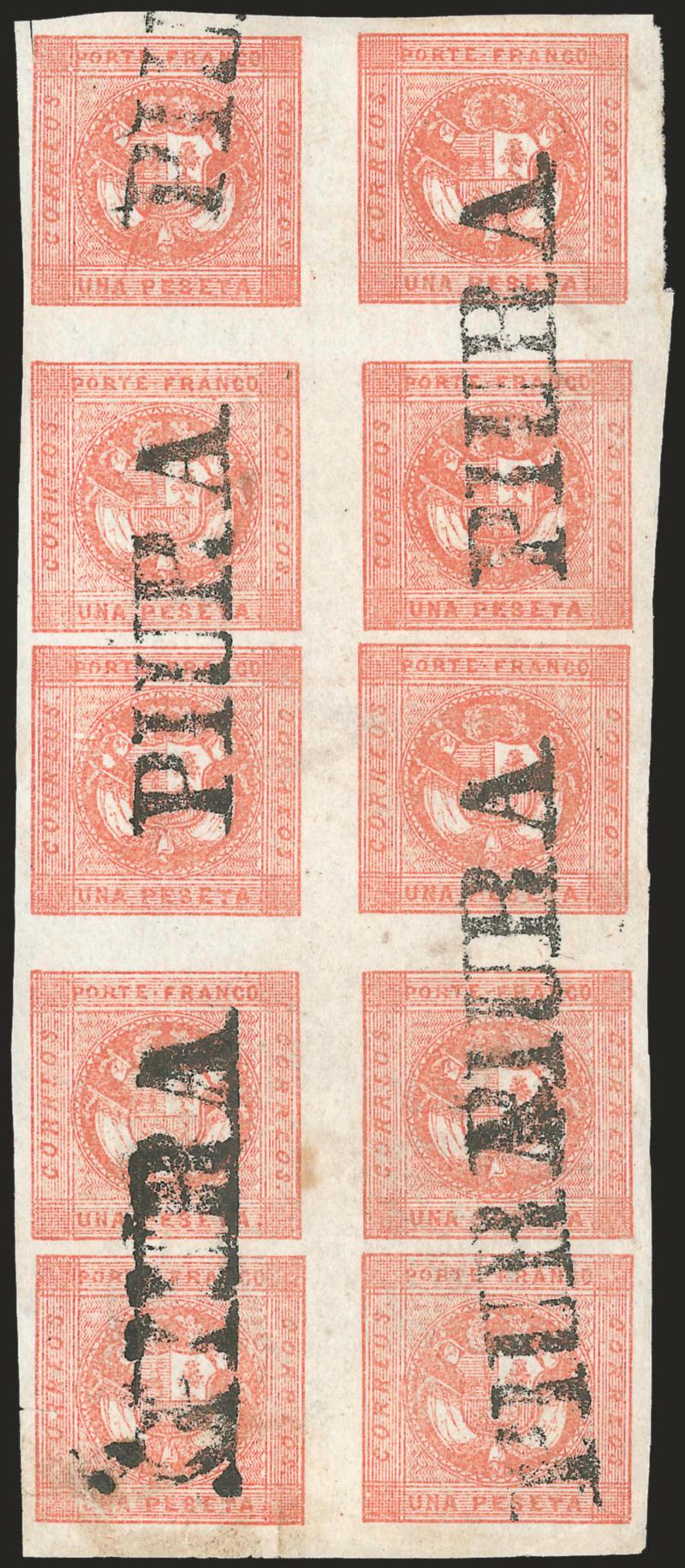 1858, 1p Rose Red (4).> Vertical block of ten, Types 10-15-210-15-210-1, cancelled by multiple strikes of ^PIURA^ straightline, large margins, bright color, negligible small tear at bottom, couple short creases
and minor imperfections<><>^VER