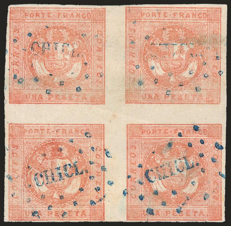 1858, 1p Rose Red (4).> Block of four, Types 10-15-2, ample to clear margins, cancelled by blue ^CHICL^ Chiclayo dotted oval, diagonal crease and thinnings<><>^VERY FINE APPEARANCE. ONE OF ONLY FOUR RECORDED
USED BLOCKS OF THE 1858 ONE-PESETA. N