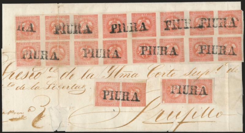 1858, 1p Rose Red (4).> Horizontal block of sixteen intersecting four transfers of the <bloc report,>> Types 6-8-9-5-2-8-6-94-7-3-10-1-4-7-3, plus two vertical pairs (Types 510 and 21), cancelled by multiple
strikes of ^PIURA^ straightline and u