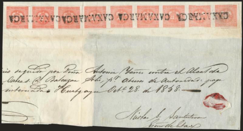 1858, 1p Rose Red (4).> Horizontal strip of nine, Types 10-1-4-7-3-10-1-4-7, large margins to slightly in, cancelled by four clear strikes of ^CAXAMARCA^ straightline, used on large part of judicial wrapper with
part of address and docketing with O