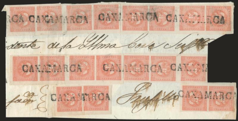 1858, 1p Rose Red (4).> A total of seven vertical multiples, including three strips of four (Types 9393, 6767 and 8484), strip of three (Types 393) and three pairs (Types 21 on front and 84 folded over on back),
cancelled by multiple str