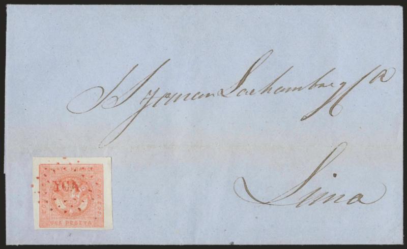 1858, 1p Rose Red (4).> Type 9, large to huge margins, beautiful bright shade, tied by clear strike of red ^YCA^ dotted oval on blue folded cover to Lima, docketed with Mar. 10, 1859 origin date, Extremely Fine,
a lovely cover