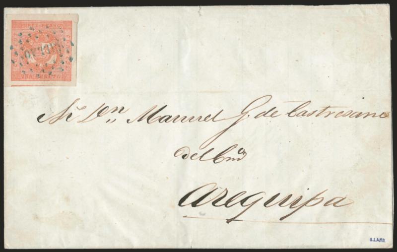 1858, 1p Rose Red (4).> Type 6, large to huge margins, deep shade, cancelled by clear strike of blue ^CALLAO^ dotted oval on folded cover to Arequipa, docketed with Sep. 13, 1858 origin date, Extremely Fine, a
superb stamp and cover