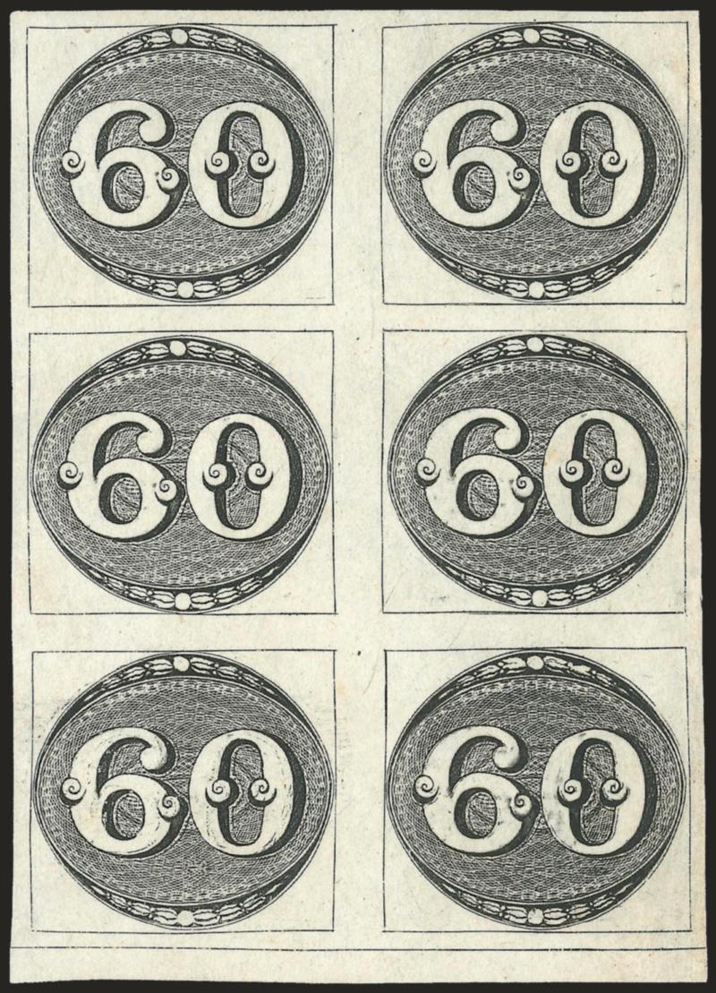 1843, 60r Black, Intermediate Impression (2).> 1st Large Plate, State B, Positions 47-4853-5459-60, block of six, unused (no gum), large margins all around including outer frameline at bottom, sharp impression
showing nearly all lines of lathework,