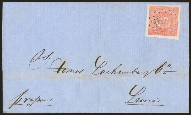 1858, 1p Rose Red (4).> Type 10, large margins, rich color, cancelled by ^TRUJ^ dotted oval on blue folded cover to Lima, docketed with Apr. 10, 1859 origin date, Extremely Fine