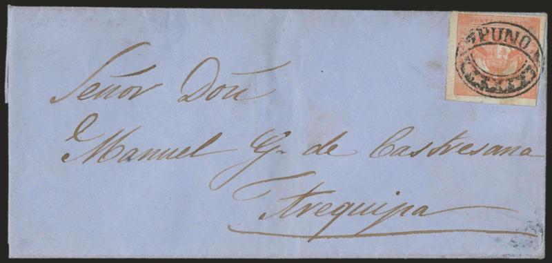 1858, 1p Rose Red (4).> Type 5, large margins to clear at lower right, tied by clear strike of <^PUNO^ oval and negative stars> cancel on blue folded cover to Arequipa, docketed with Apr. 12, 1859 origin date,
Very Fine, choice strike of this scarc