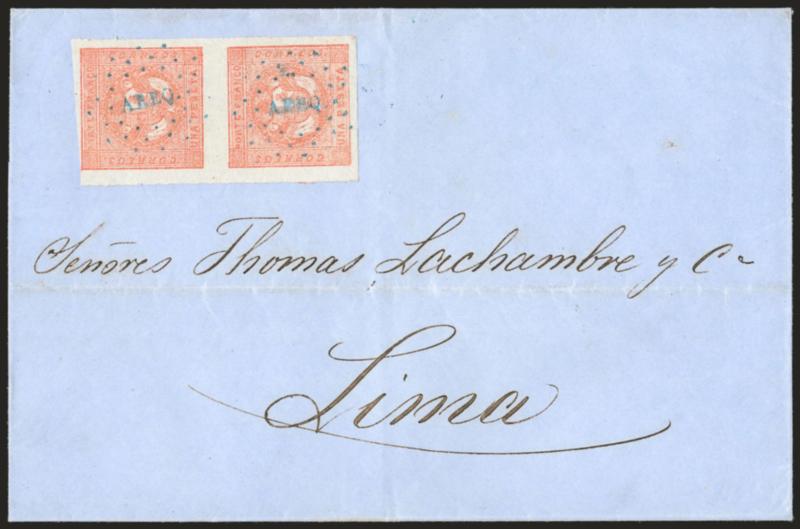 1858, 1p Rose Red (4).> Vertical pair, Types 105, huge margins to clear at top left, beautiful bright shade, cancelled by clear strike of blue ^AREQ^ Arequipa dotted oval on blue folded cover to Lima, docketed
with Jan. 6, 1859 origin date, Extrem