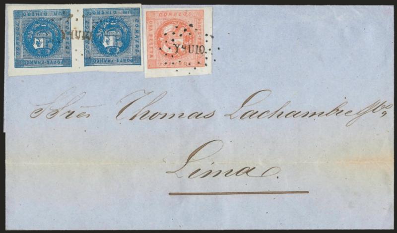 1858, 1d Blue, 1p Rose Red (3, 4).> 1d horizontal pair (Types 6-7) and 1p single (Type 5), large margins, beautiful rich colors, tied by ^YQUIQ^ Yquique dotted oval on blue folded cover to Lima, docketed with
Oct. 8, 1858 origin date, faintly age t