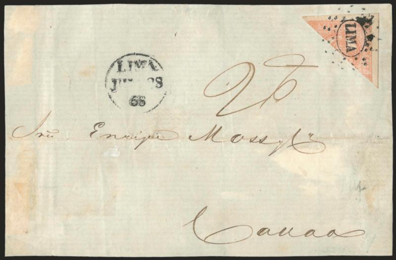 1858, 1p Rose Red, Diagonal Half Used as 1d (4, unlisted bisect).> Bottom left diagonal half (with One Peseta value showing) well-tied by ^LIMA^ dotted oval on front only to Callao, Lima Jul. 28 58 circular
datestamp<><>^THIS FRONT IS THE ONL