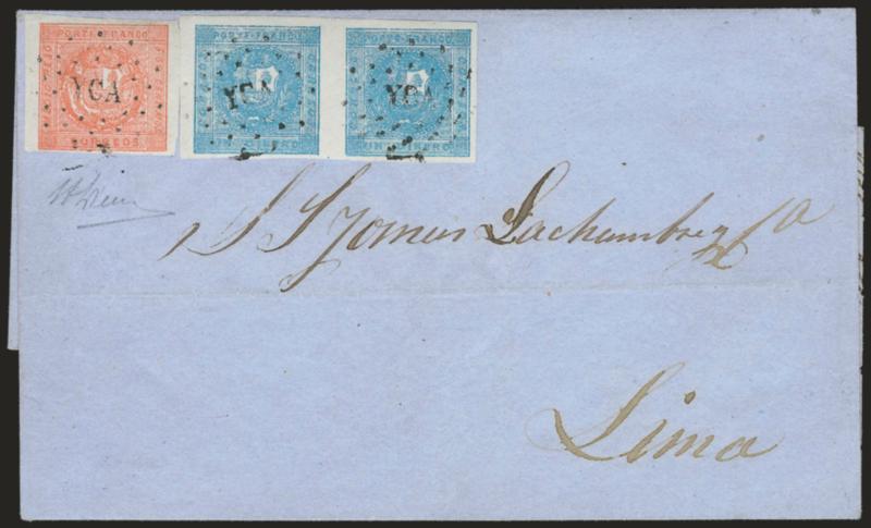 1858, Medio Peso Rose Red Error (5).> Type E, large margins to ample at bottom left, used with <horizontal pair of 1858 1d Blue (3),> Types 6-7, large margins, all tied by ^YCA^ dotted oval cancel on blue folded
cover to S. S. Tomas LaChambre y Ca.