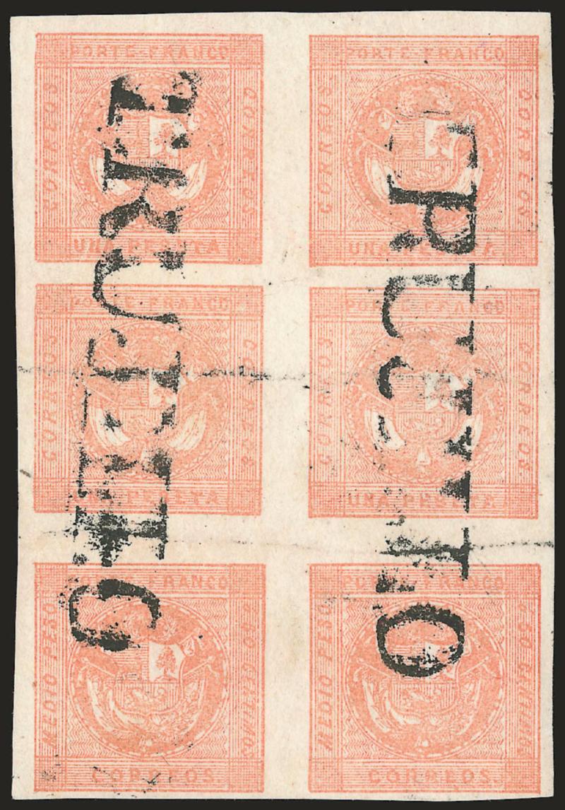 1858, Medio Peso Rose Red Error (5).> Vertical block of six containing <two Medio Peso errors se-tenant with four of the normal One-peseta,> the bottom four stamps come from the error <<bloc report>> with
One-peseta Types 8-6 above the two Medio Peso