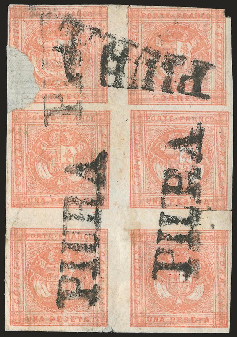 1858, Medio Peso Rose Red Error (5).> Vertical block of six containing <two Medio Peso errors se-tenant with four of the normal One-peseta,> the top two Medio Peso Types A-B come from the error <<bloc report,>>
the bottom block of four One-peseta Typ