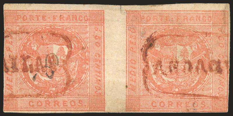 1858, Medio Peso Rose Red Error (5).> Horizontal pair, Types B-C, large top margin, other sides touched to slightly in, cancelled by red ^ANDAHUAYLAS^ framed straightline, small manuscript cancel on left stamp,
sealed tear at top in margin between