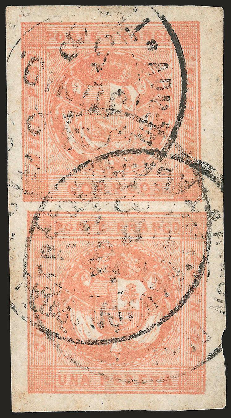 1858, Medio Peso Rose Red Error (5).> Vertical se-tenant pair, Medio Peso Type B at top, One-peseta Type 1 at bottom, from two separate <<bloc report>> transfers, large margins all around, bright shade,
cancelled by light strikes of Admon. Pral de C