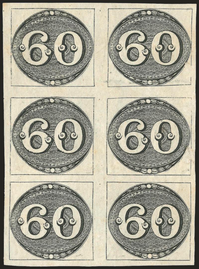 1843, 60r Black, Intermediate Impression (2).> 1st Large Plate, State B, Positions 41-4247-4853-54,> block of six, unused (no gum), large margins all around, horizontal crease in top pair, scuffs in Positions 42
and 48 do not impinge on oval design