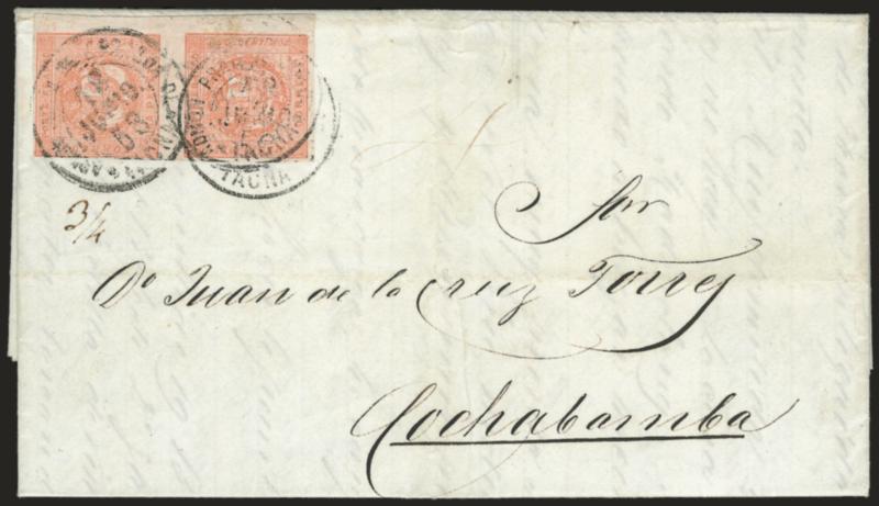 1858, Medio Peso Rose Red Error (5).> Vertical se-tenant pair, Medio Peso Type A at bottom, One-peseta Type 5 at top, from the same <<bloc report>> transfer which has the One-peseta types normally found in the
bottom row in the top row, large margins