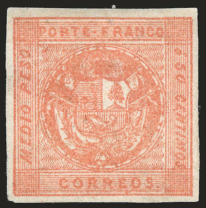 1858, Medio Peso Rose Red Error (5).> Unused (no gum), Type D, large even margins, rich color, two tiny thin specks and faint horizontal crease, these are truly negligible flaws considering the enormous rarity
of this unused Medio Peso Error<><>^EX