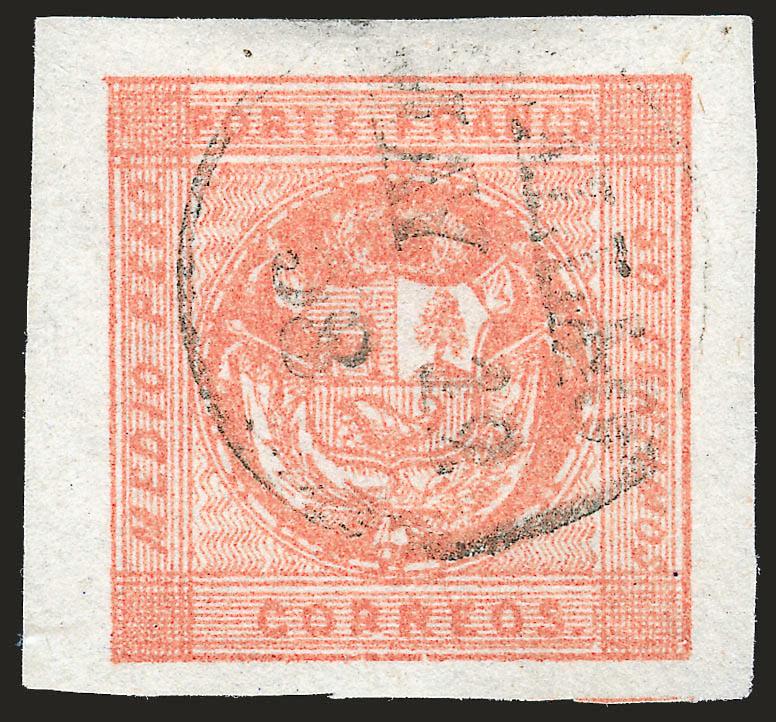 1858, Medio Peso Rose Red Error (5).> Type C, huge margins all around, remarkably vibrant shade, cancelled by Callao May 22 58 circular datestamp<><>^EXTREMELY FINE GEM. ONE OF THE FINEST EXAMPLES OF THE MEDIO
PESO ERROR IN EXISTENCE.^<><>Ex Sc