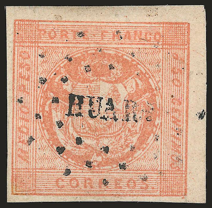1858, Medio Peso Rose Red Error (5).> Type A, full to large margins all around, excellent color and impression, cancelled by ^HUARS^ dotted oval, Very Fine and choice