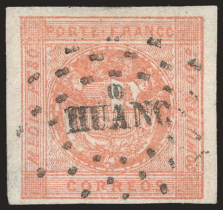 1858, Medio Peso Rose Red Error (5).> Type C, full to large margins all around, bright color, cancelled by ^HUANC^ dotted oval, Very Fine and choice