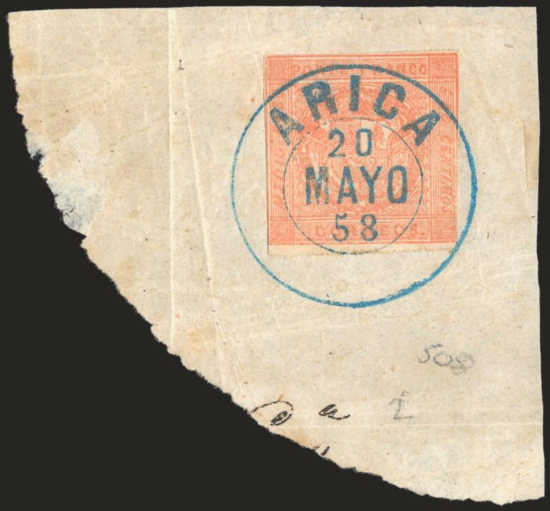 1858, Medio Peso Rose Red Error (5).> Type B, small but mostly clear margins, unusually bright color and sharp impression, tied by perfect strike of blue Arica 20 Mayo 58 circular datestamp on piece, Fine and
very attractive, ex Bustamante