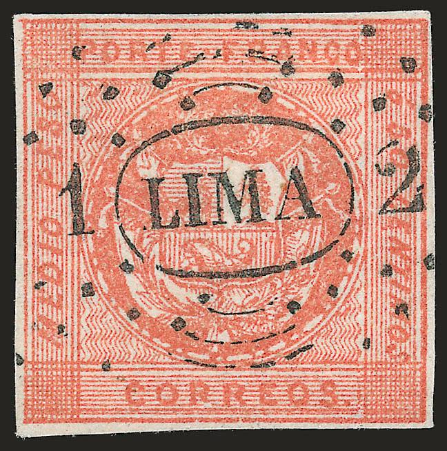 1858, Medio Peso Rose Red Error (5).> Type C, small even margins all around, unusually deep shade and fine impression, cancelled by ^1LIMA2^ dotted oval, Fine