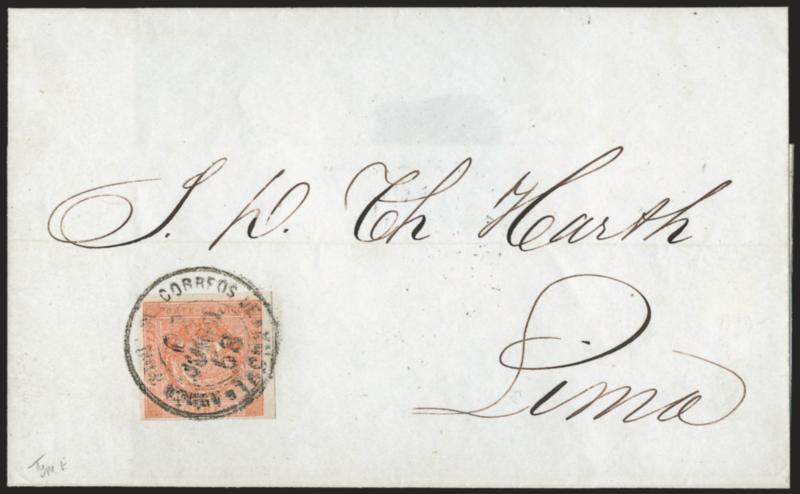 1858, Medio Peso Rose Red Error (5).> Type E, large to huge margins, pretty pastel shade, tied by bold Admon. Pral de Correos de Tacna 02 Junio 58 on folded cover addressed to Th. Harth in Lima<><>^EXTREMELY
FINE. A MAGNIFICENT COVER BEARING THE