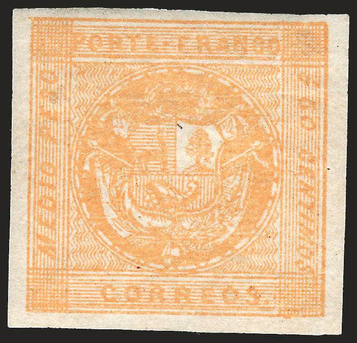 1858, -12p Orange Yellow (6a).> Type E, <original gum,> full to large margins, vivid color and fine impression, a few natural brown spots on gum but not affecting paper<><>^EXTREMELY FINE GEM. WITHOUT QUESTION
THE FINEST OF THE FEW UNUSED EXAMPLES