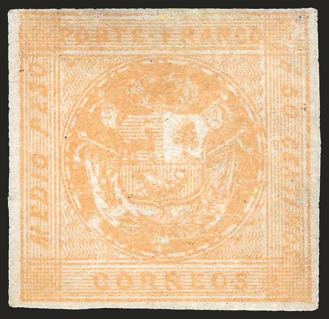 1858, -12p Orange Yellow (6a).> Type B, small part gum which appears to be original, ample margins, bright shade, a few small imperfections<><>^VERY FINE APPEARANCE. ONLY A FEW UNUSED EXAMPLES OF THE 1858 MEDIO
PESO ARE KNOWN.^<><>The only Medio