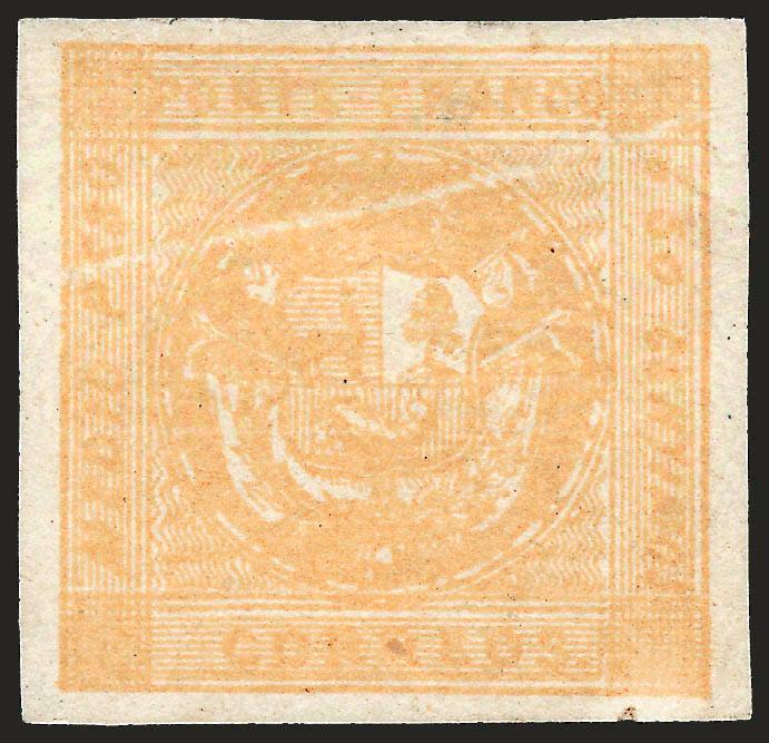 1858, -12p Orange Yellow (6a).> Type B showing <prominent white slash flaw> on this position, unused (no gum), large margins, vivid shade, couple small thin spots<><>^EXTREMELY FINE APPEARANCE. ONLY A FEW UNUSED
EXAMPLES OF THE 1858 MEDIO PESO A