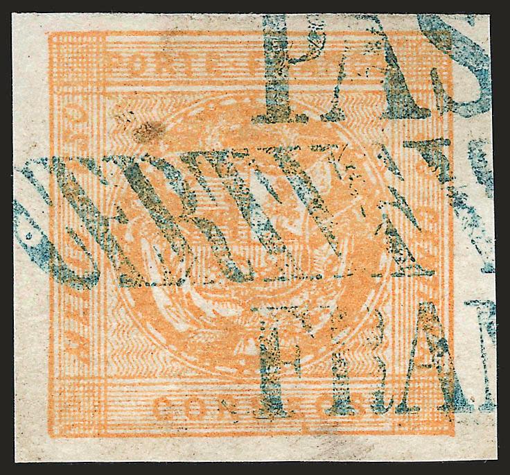 1858, -12p Buff (6).> Type D, large even margins, rich color, cancelled by <blue ^PAS(CO)CERTIFI(CACION)FRANCA^> three-line handstamp, small brown spot, Extremely Fine, a superb stamp and very rare with this
handstamp used as a cancel