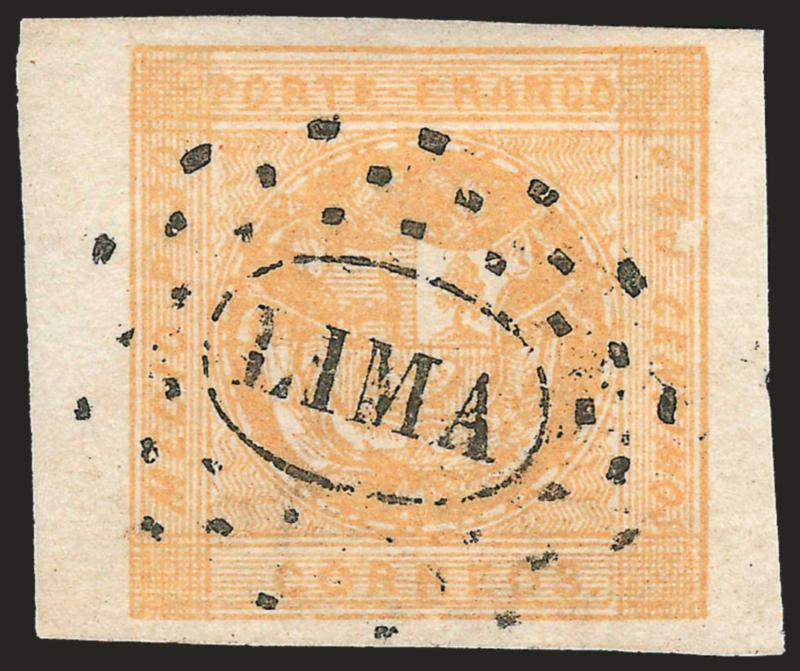 1858, -12p Buff (6).> Type E, huge margins, vivid shade, cancelled by clear strike of ^LIMA^ dotted oval, Extremely Fine Gem, a superb example of the 1858 Medio Peso, signed Holcombe