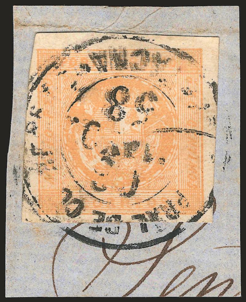 1858, -12p Buff (6).> Type B, mostly large margins except upper left where ample, intense shade, tied by Admon. Pral de Correos de Tacna 03 Mayo 58 circular datestamp on small piece, Extremely Fine, signed
Holcombe