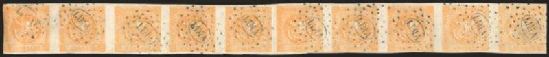 1858, -12p Buff (6).> Horizontal strip of ten with repeating Types A-E from left to right, large margins except touched at left, bright shade, light multiple strikes of ^LIMA^ dotted oval, three vertical
creases, left pair thinned, a few other tin