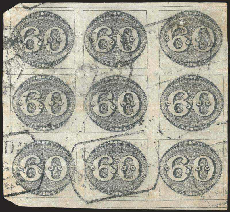 1843, 60r Black, Intermediate Impression (2).> 1st Composite Plate, State B, Positions 3-59-1115-17, block of nine (the left half of the pane), huge margins including outer framelines at top and bottom and
<interpanneau dividing line below two righ