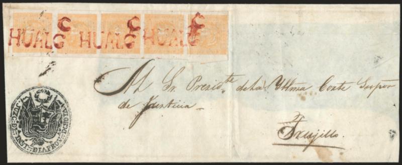 1858, -12p Orange Yellow (6a).> Vertical strip of five, all Type E, large margins all around, vivid shade, cancelled by three strikes of red ^HUALGC^ Hualgayoc straightline on judicial wrapper to the President
of the Supreme Court in Trujillo, bol