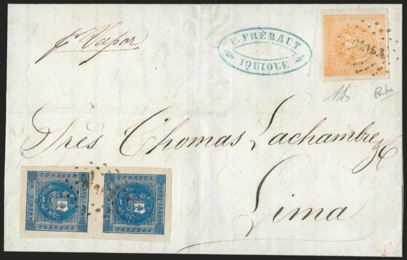 1858, 1d Deep Blue, -12p Orange Yellow (3, 6a).> 1d vertical pair, Types 38, huge margins, deep shade, -12p Type C, large margins, bright color, tied by brownish ^YQUIQ^ Yquique dotted oval on folded cover with
part of letter to LaChambre & Co.